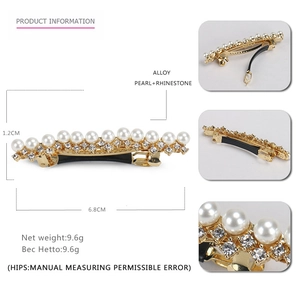 Détails de la barrette à perles et strass avec dimensions montrant 6,8 cm de long