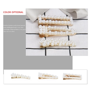 Elegant gold alloy hair clips set with glossy white pearls in rectangle and drop shapes