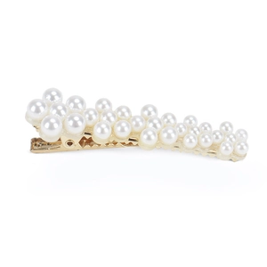 Elegant gold-tone hair clip with multiple white faux pearls on minimalist white background