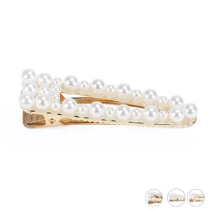 Korean Fashion Artificial Pearl Hair Clip Elegant Gold Alloy Side Duckbill Clip Geometric Handmade Hairpins For Women Jewelry