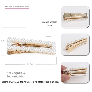 Elegant rectangle pearl hair clip with gold metal base and acetate finish, 6.1cm long