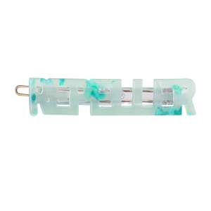 Detailed close-up of light green marble acetate hair clip with REPELLER letter design