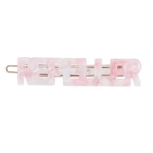 Detail of pink marble texture RESUME letter hair clip with golden metal clip