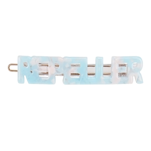 Detail of blue and white marble acetate hair clip with gold Forever letter design