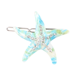 Oceanic marble starfish hair clip with blue white and green acetate and sparkling rhinestones