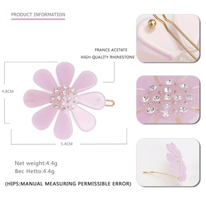 Pink acetate flower hair clip with rhinestones, stylish Korean floral side grip, 5.4cm size