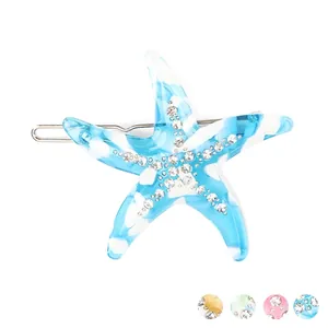 Starfish Shaped Acetate Marble Pattern Hair Clip With Rhinestone Handmade Sea Star Hairpins For Women Summer Hair Accessories