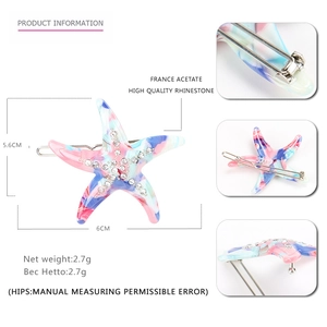 Starfish acetate hair clip with colorful marble pattern and rhinestones measuring 6cm