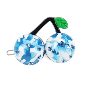 Detail of cherry hair clip with blue floral marble texture and sparkling rhinestones