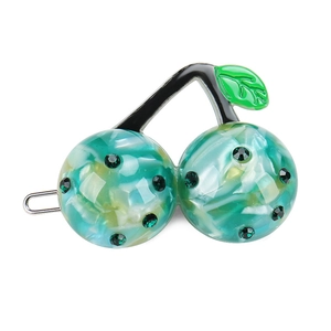 Blue marble texture cherry hair clip with green leaves and sparkling rhinestones