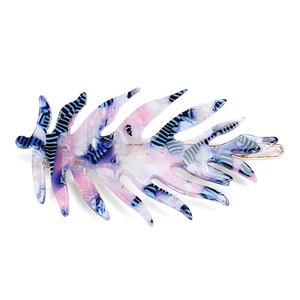 Detailed view of leaf-shaped acetate hair clip with blue and pink artistic marble texture