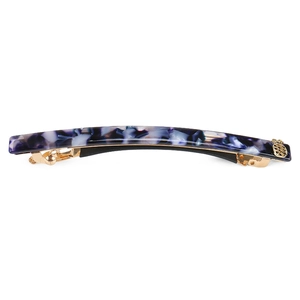 Detail of blue-purple marble acetate hair clip with golden metal spring fastener