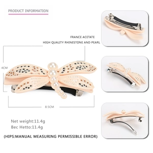 Pince à cheveux libellule élégante en acétate rose avec strass et perles, taille 8,5 cm