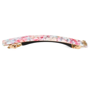 Detail of acetate geometric spring hair clip with pink and blue shell texture and gold base