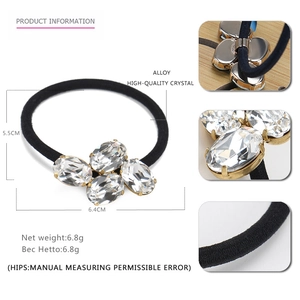 Elegant oval rhinestone crystal hair tie with black elastic band and gold alloy base