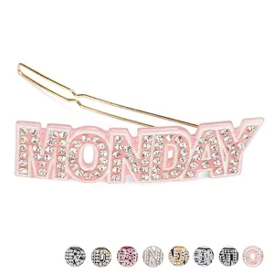 Pince à Cheveux en Acétate avec Lettres et Strass pour Femmes Alphabet Anglais Scintillant Sunday Monday Ladyboss Bijou de Tête
