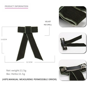 Dark green velvet bow hair clip with spring fastener and product dimensions shown