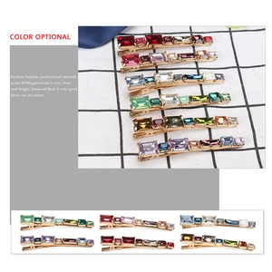 Set of minimalist gold alloy hair clips with colorful rectangular crystal rhinestones