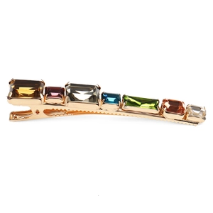 Detail of colorful geometric crystal hair clip with gold alloy duckbill metal base