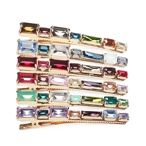 Fashion Geometric Alloy Hair Clip With Colorful Rectangular Crystals Elegant Gold Tone Duckbill Side Clip Women Hair Accessories