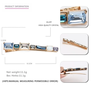 Colorful crystal hair clip with gold alloy base and rectangular faceted rhinestones