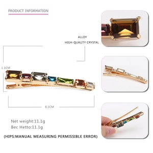 Colorful crystal geometric hair clip in gold finish with multi-colored rhinestones