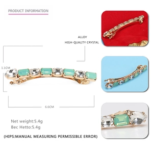 Eleganter koreanischer Gold-Haarclip mit mintgrünen Kristallen und Strass, 6,6cm x 1,1cm
