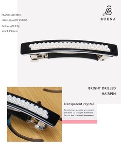 Detail view of acetate hair clip with white pearls showing size 1.2x8.4cm and weight 9.9g