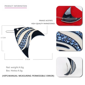 Detailed view of sea fish acetate hair clip with rhinestones and clip mechanism dimensions