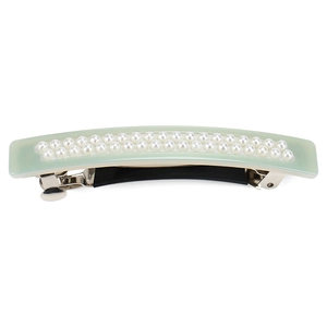 Elegant mint green acetate hair clip with double rows of pearls and silver spring fastener