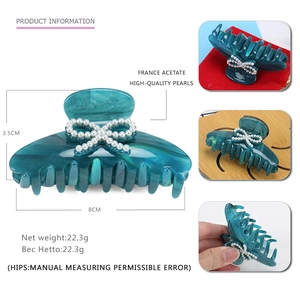 Blue marble acetate hair claw with pearl bow decoration, 8cm large hair clip for women