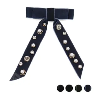 Barrette Nœud en Velours Vintage Avec Long Ruban Fausse Künstliche Perle Strass Alliage Clip à Ressort Pour Femmes Bijoux de Mariage Fête