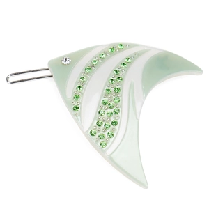 Detail view of tropical fish hair clip with green rhinestones and striped acetate pattern