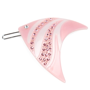 Detailed view of a pink fish-shaped acetate hair clip featuring rhinestones and metal clip
