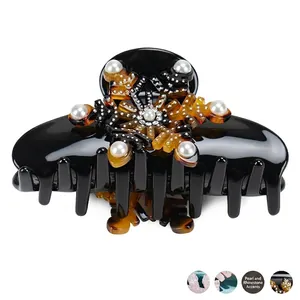 Acetate Snowflake Leaf Hair Claw Clip With Rhinestones And Artificial Pearls Vintage Large Hair Grip For Women Styling Accessory