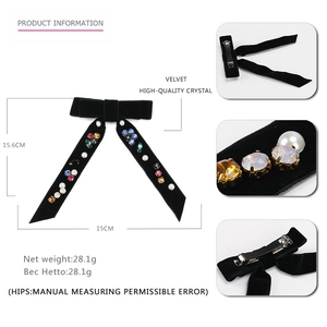 Barrette à cheveux nœud en velours avec strass colorés et perles sur clip à ressort argent