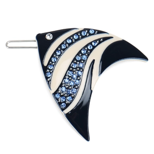 Detail of fish-shaped acetate hair clip with blue rhinestones and enamel stripe pattern