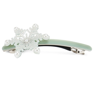 Elegant mint green acetate snowflake hair clip with pearls and rhinestones for winter fashion