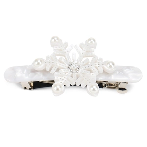 Elegant snowflake hair clip with white acetate base, pearls and sparkling rhinestones