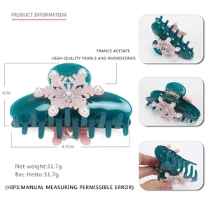 Elegant green acetate snowflake hair claw clip with pearls and rhinestones 8.9cm