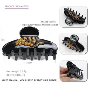 Classic 8.9cm acetate hair claw clip with pearl and rhinestone leaf pattern on white background