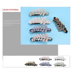 Sparkling leaf-shaped rhinestone hair clips in various acetate colors with crystal finish