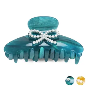 Vintage Acetate Marble Pattern Hair Claw Clip With Artificial Pearl Bowknot For Women Fashion Large Hair Catch Clip Hair Accessories