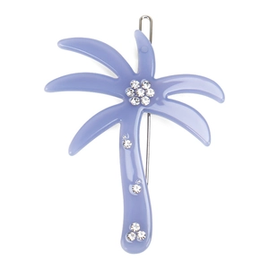 Detail of lavender resin palm tree hair clip with white rhinestones and metal fastener