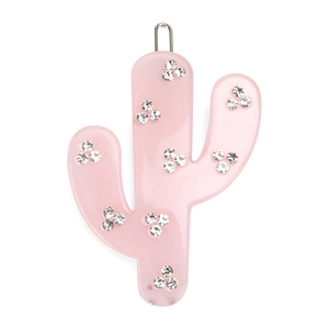 Détail de la pince à cheveux cactus en acétate rose avec motifs fleurs en strass