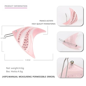 Pink acetate fish shaped hair clip with sparkling rhinestones and measurements