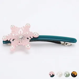 Snowflake Acetate Hair Clip Vintage Rhinestone Faux Artificial Pearl Barrette Holiday Christmas Hair Accessories For Women Hairpin