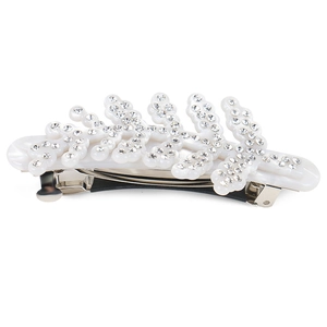 Sparkling leaf-shaped acetate hair clip with rhinestones and metal spring closure