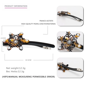 Elegant snowflake hair clip in tortoiseshell acetate with pearls and rhinestones, 10.5cm