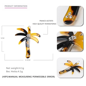 Coconut tree shaped hair clip made of acetate with rhinestones in 5x6.9cm size